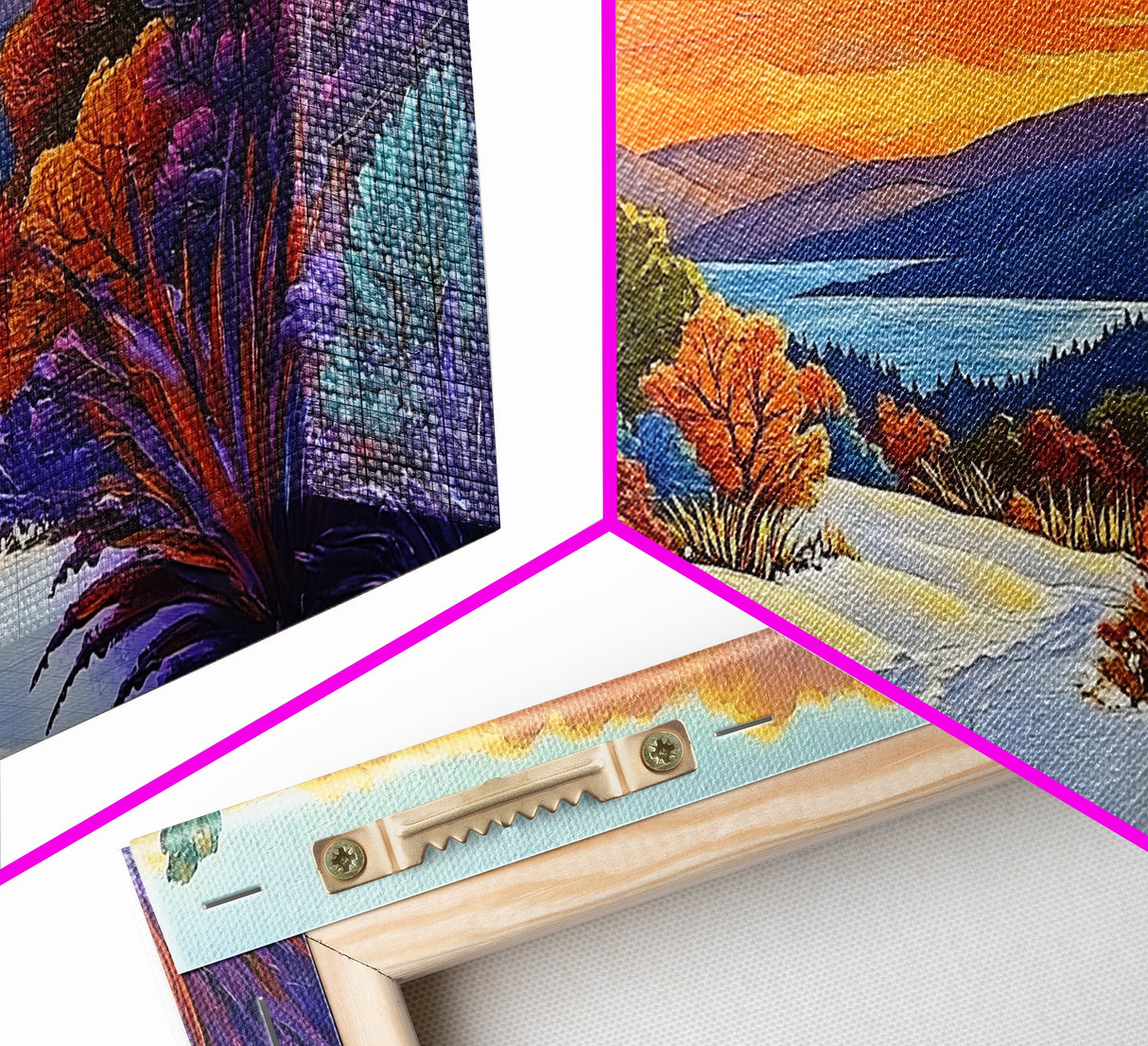 Winter Sunset, Lake, Trees, Framed Canvas Print, Autumn cabin wall art, colorful landscape living room decor, mountain snow painting