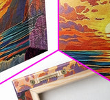 Beach Cliffs, Sunset, Vibrant Sky, Framed Canvas Print, Boho Coastal Art, Bedroom Wall Decor, Ocean View Painting, Tropical Landscape