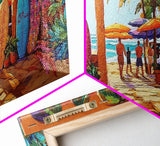 Surfboards Beach, Tropical, Colorful Life, Framed Canvas Print, Coastal Art, Entryway Wall Decor, Surf Shack Vibes, Tropical Summer