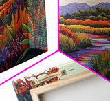 River Wildflowers, Autumn Trees, Mountain View, Framed Canvas Print, Fall Nature Art, Kitchen Wall Decor, Boho Landscape Painting