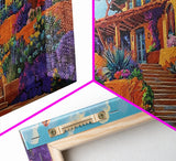Villa Garden, Adobe, Colorful, Framed Canvas Print, vibrant Mexican villa wall art, blooming flowers, southwestern kitchen décor