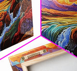 Sunset, Waterfall, Mountains, Autumn, Framed Canvas Print, Mountain sunset wall decor, autumn river art, rustic boho living room art