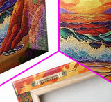 Sunset Waves, Rocks, Framed Canvas Print, Vibrant ocean sunset, crashing waves cliffs painting, Coastal Decor, Beach House Wall Art