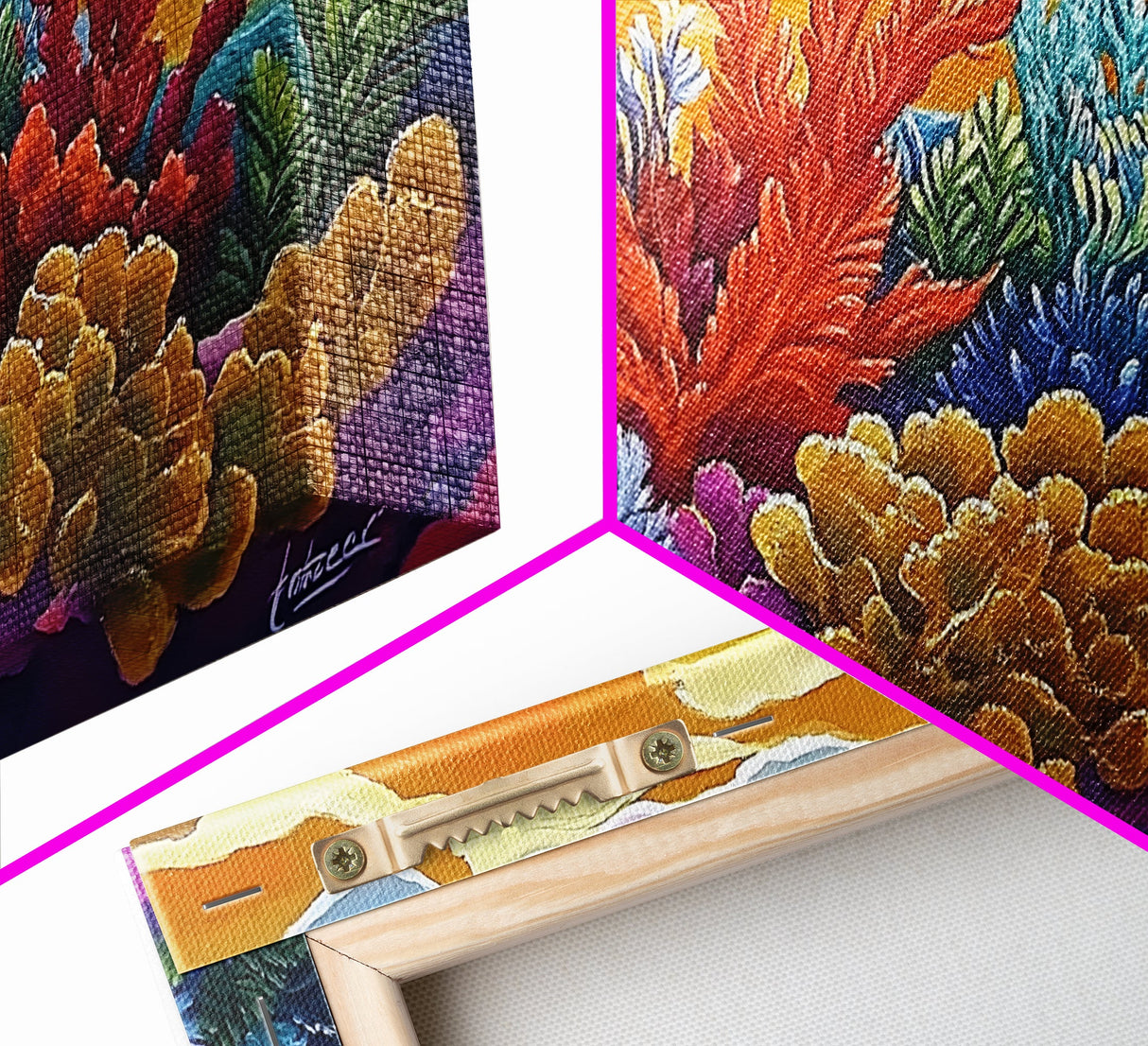 Reef Sunset, Underwater, Framed Canvas Print, Vibrant coral reef with tropical plants, sunset sky, Beachy decor, Bathroom Wall Art
