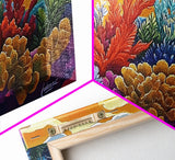 Reef Sunset, Underwater, Framed Canvas Print, Vibrant coral reef with tropical plants, sunset sky, Beachy decor, Bathroom Wall Art
