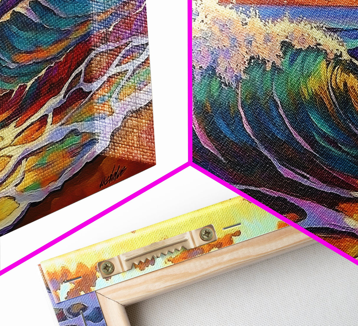 Waves Surf, Sunset, Framed Canvas Print, Colorful crashing wave with glowing sunset sky, Coastal Surfer Decor, Beach House Wall Art