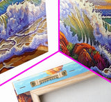 Rocks Waves, Sky, Framed Canvas Print, Majestic ocean wave crashing on rocks under golden clouds, Tropical Seascape, Coastal Living Room