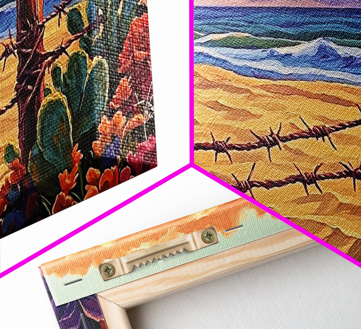 Beach Cactus, Fence, Framed Canvas Print, Vibrant Desert Beach Landscape, Colorful Boho Western Decor, Southwestern Living Room Art