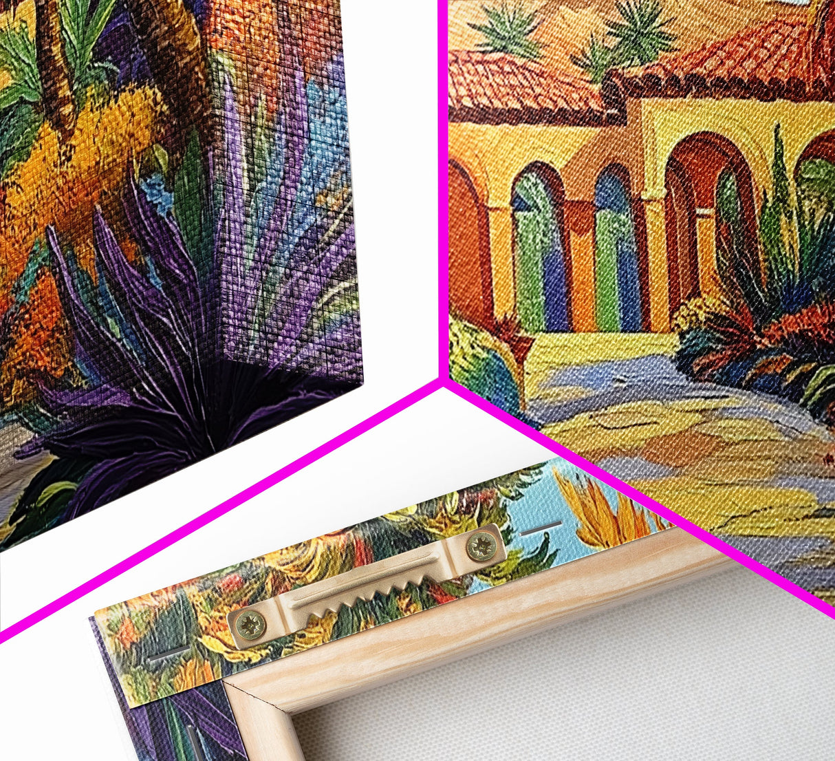 Villa Garden, Palms, Path, Framed Canvas Print, tropical courtyard scene, Mediterranean decor, living room wall art, villa painting