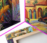 Villa Garden, Palms, Path, Framed Canvas Print, tropical courtyard scene, Mediterranean decor, living room wall art, villa painting