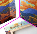 Tower Mountains, Sky, Clouds, Canvas Print, whimsical turret landscape, pastel sky art, colorful fantasy decor, study wall art