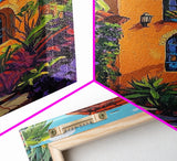 Tropical Villa, Sunset, Vibes, Framed Canvas Print, Mediterranean wall art, boho home decor, warm palette, Kitchen or Living Room