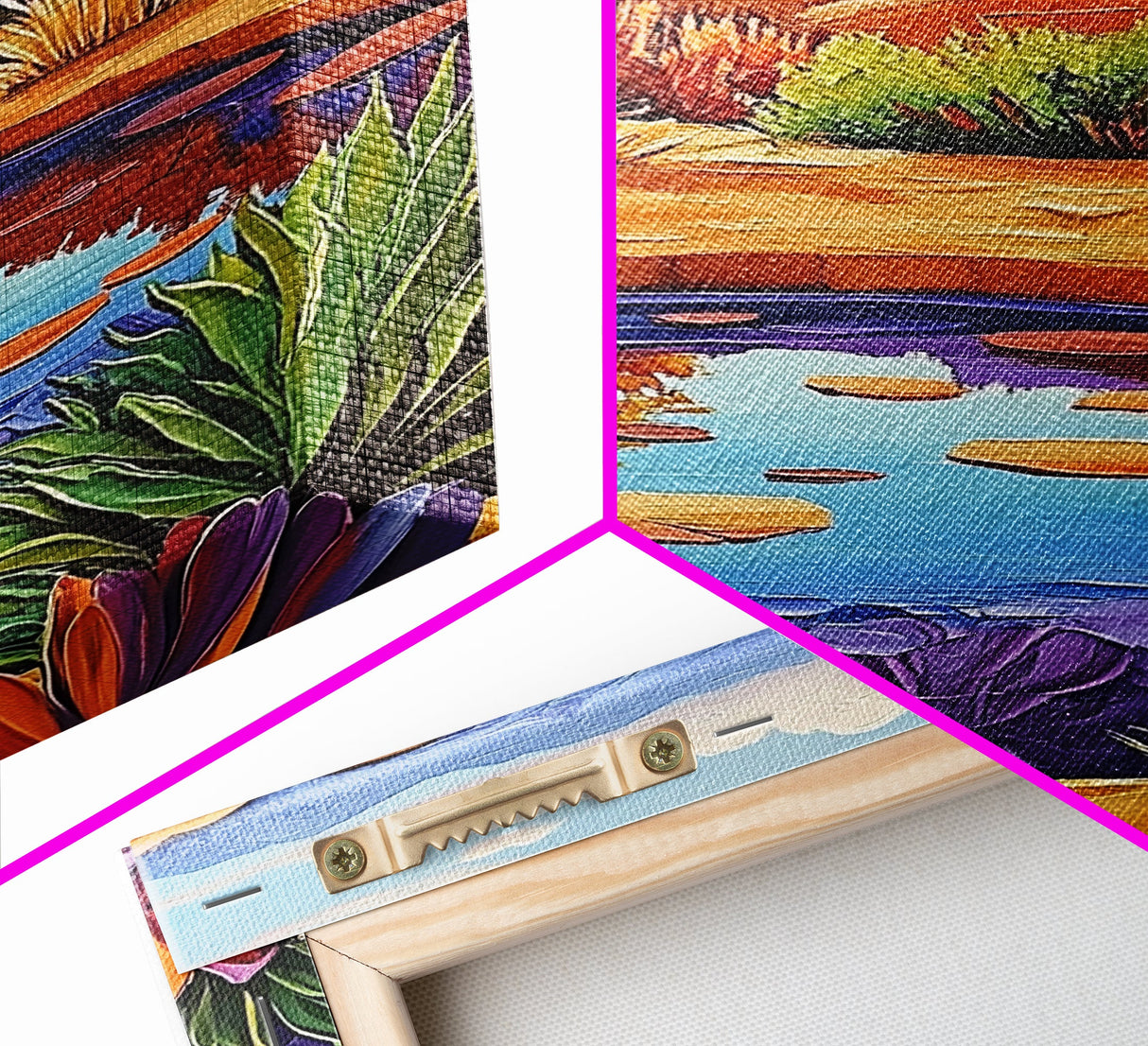 Pond Reflection, Nature, Desert, Framed Canvas Print tranquil desert pond painting, colorful reflection landscape art,  entryway wall decor