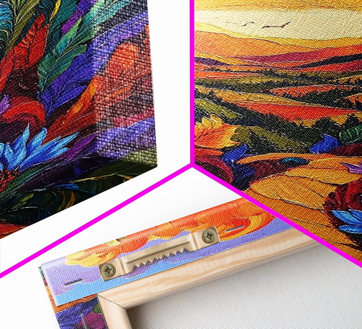Bold Sunset, Path, Feathers, Canvas Print, Autumn Wall Art, Boho Nature Decor, Warm Colorful Hallway Art, Eclectic Landscape Painting