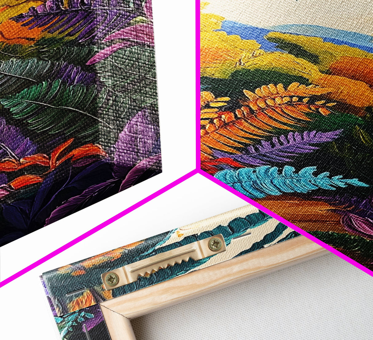 Tropical Jungle, Foliage, Path, Framed Canvas Print, Vibrant Botanical Wall Art, Boho Living Room Decor, Colorful Nature Painting