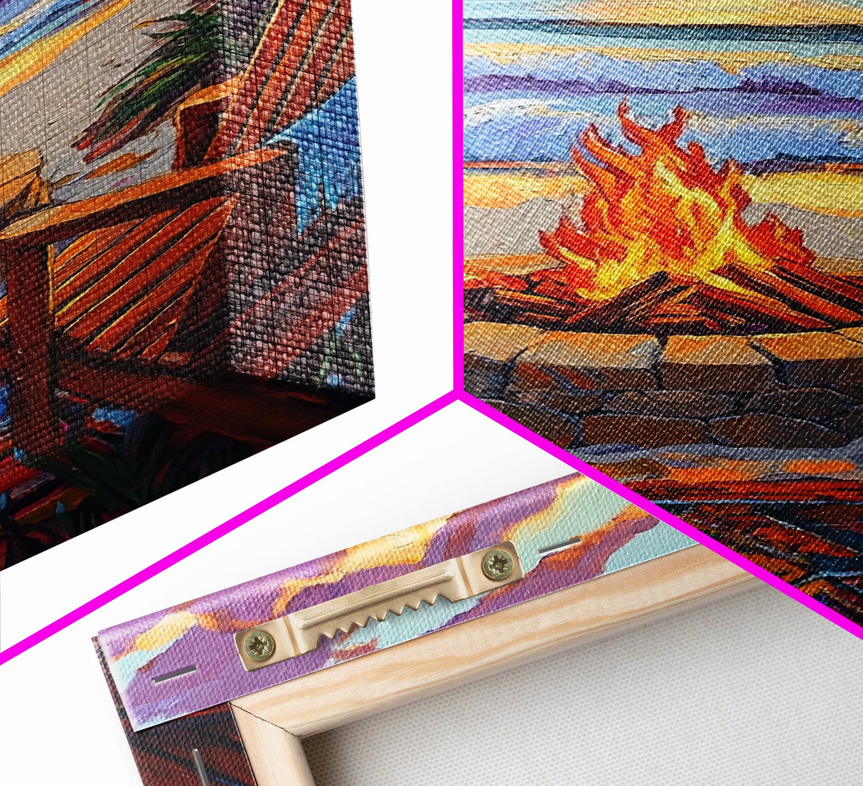 Firepit Sunset, Beach, Chairs, Canvas Print, cozy beach fire art, boho sunset vibes, fall bonfire wall decor, living room or patio