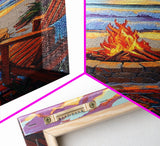 Firepit Sunset, Beach, Chairs, Canvas Print, cozy beach fire art, boho sunset vibes, fall bonfire wall decor, living room or patio