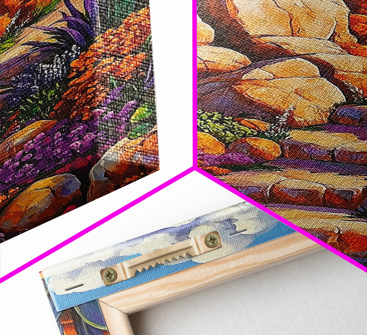 Rocky Pathway, Flowers, Framed Canvas Print, Vibrant Desert Trail Art, Colorful Landscape Wall Decor, Boho Living Room Wall Art