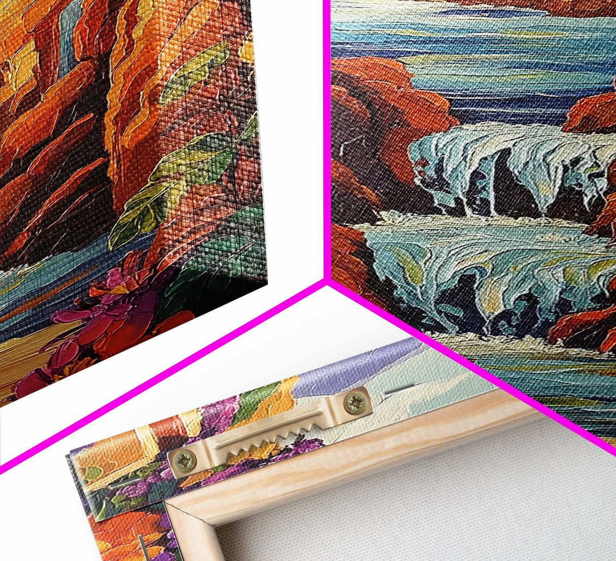 Waterfall Cliffs, Ocean, Framed Canvas Print, Tropical Canyon Wall Art, Colorful Nature Inspired Decor, Bathroom art, Entryway Wall Art