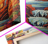 Waterfall Cliffs, Ocean, Framed Canvas Print, Tropical Canyon Wall Art, Colorful Nature Inspired Decor, Bathroom art, Entryway Wall Art