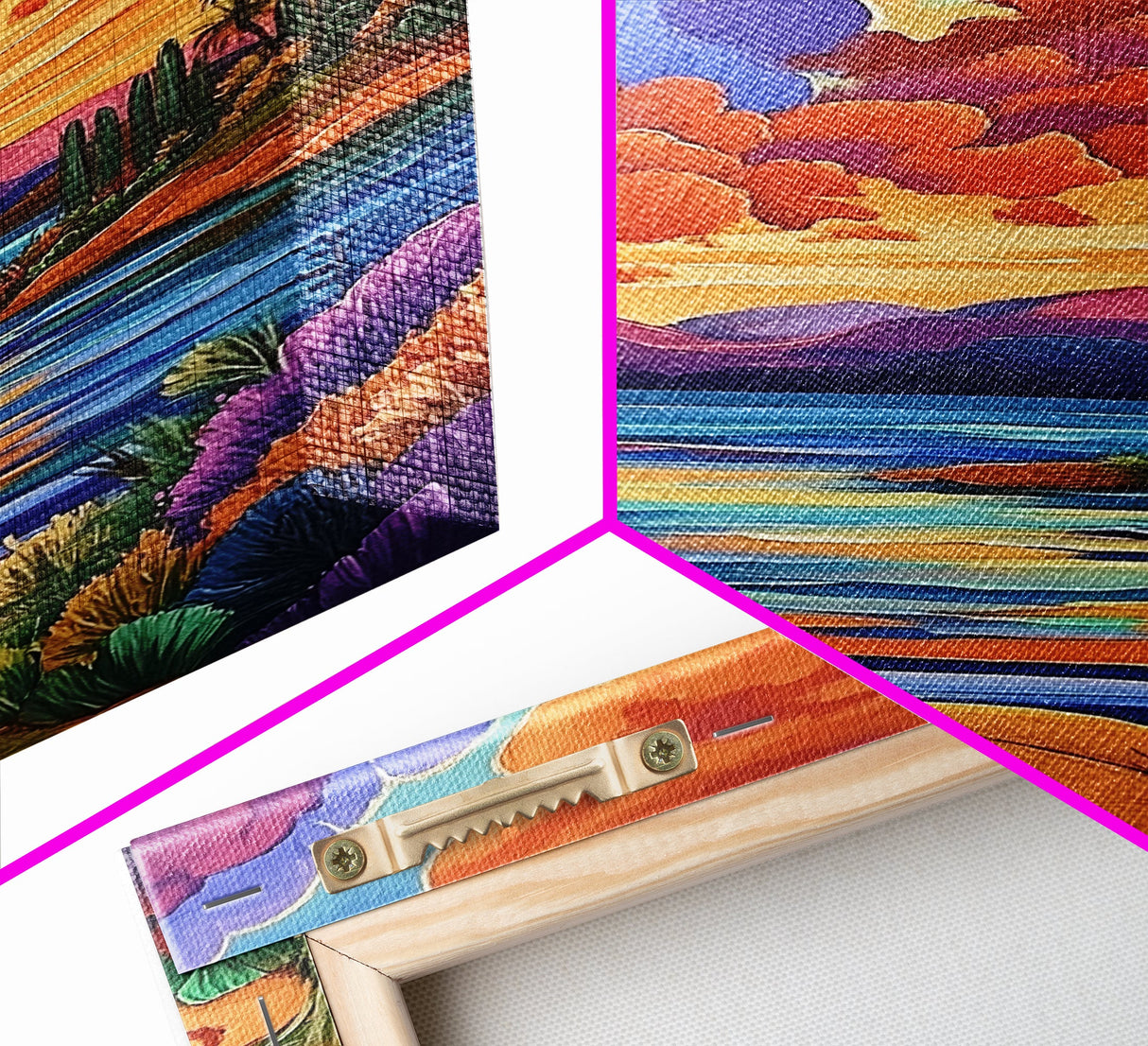 Sunset Lake, Pathway, Dreamy, Framed Canvas Print vibrant sunset lake art, colorful sky and mountain scene, living room art, office boho decor
