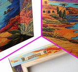 Coastal Village, Pathway, Sunset, Framed Canvas Print, Mediterranean coastal art, colorful landscape painting, boho living room wall decor