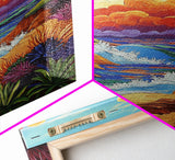 Seaside Sunset, Cliff, Dramatic Clouds Framed Canvas Print, Vibrant Ocean Wall Decor, Bathroom Beach Art, Coastal Expressionism