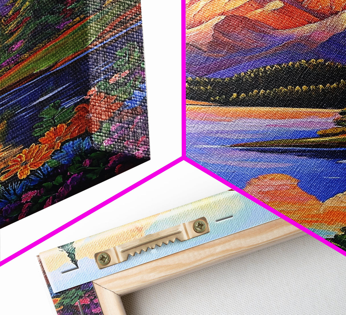 Mountain Sunset, Floral, Lakeview Framed Canvas Print, Bold Nature Landscape, Entryway Autumn Art, Vibrant Boho Wall Decor
