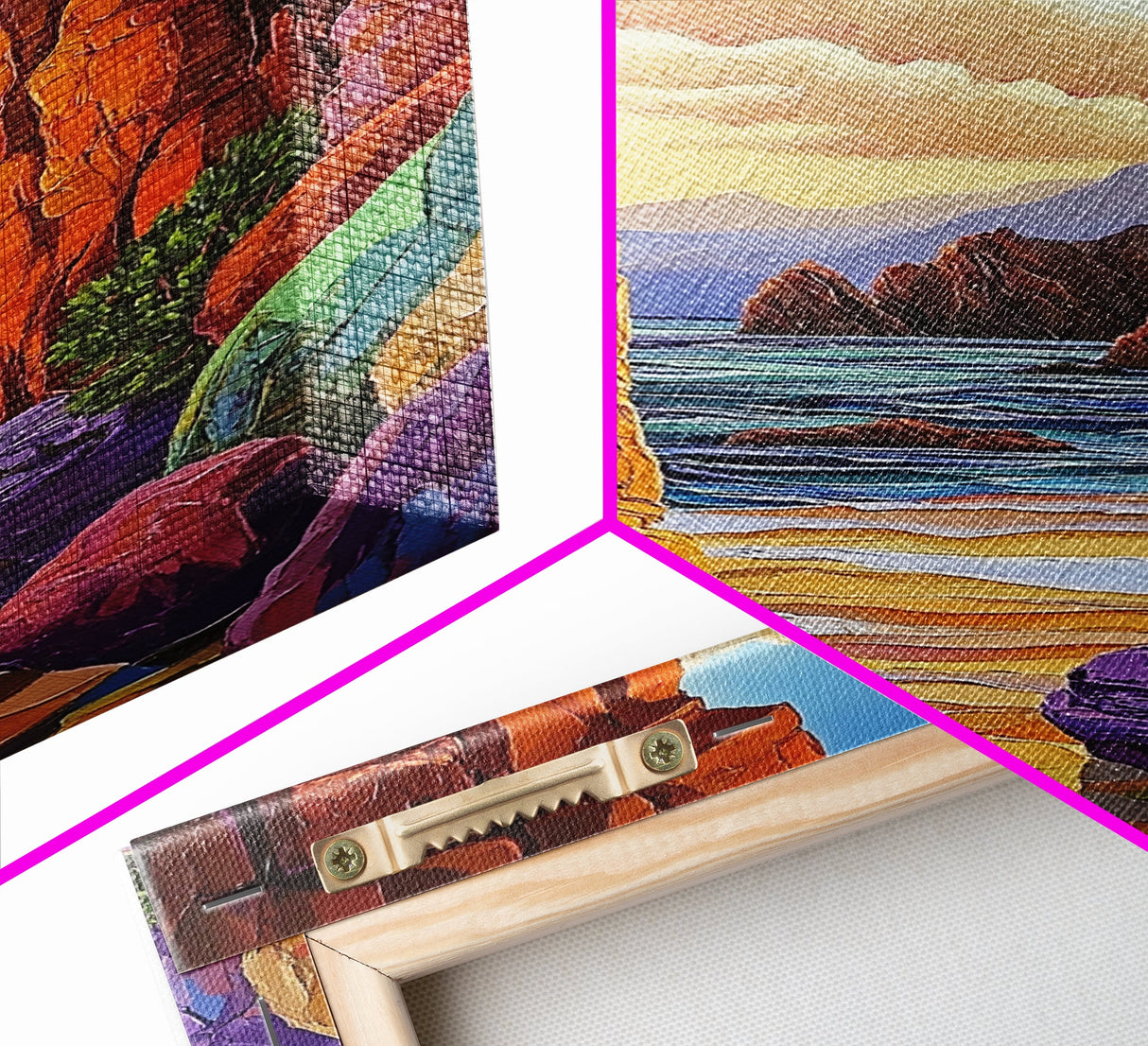Hidden Cove, Rocky Entry, Ocean View, Sunset Moment, Framed Canvas Print, Bedroom Wall Art, Seaside Fantasy, Desert Coastal Decor