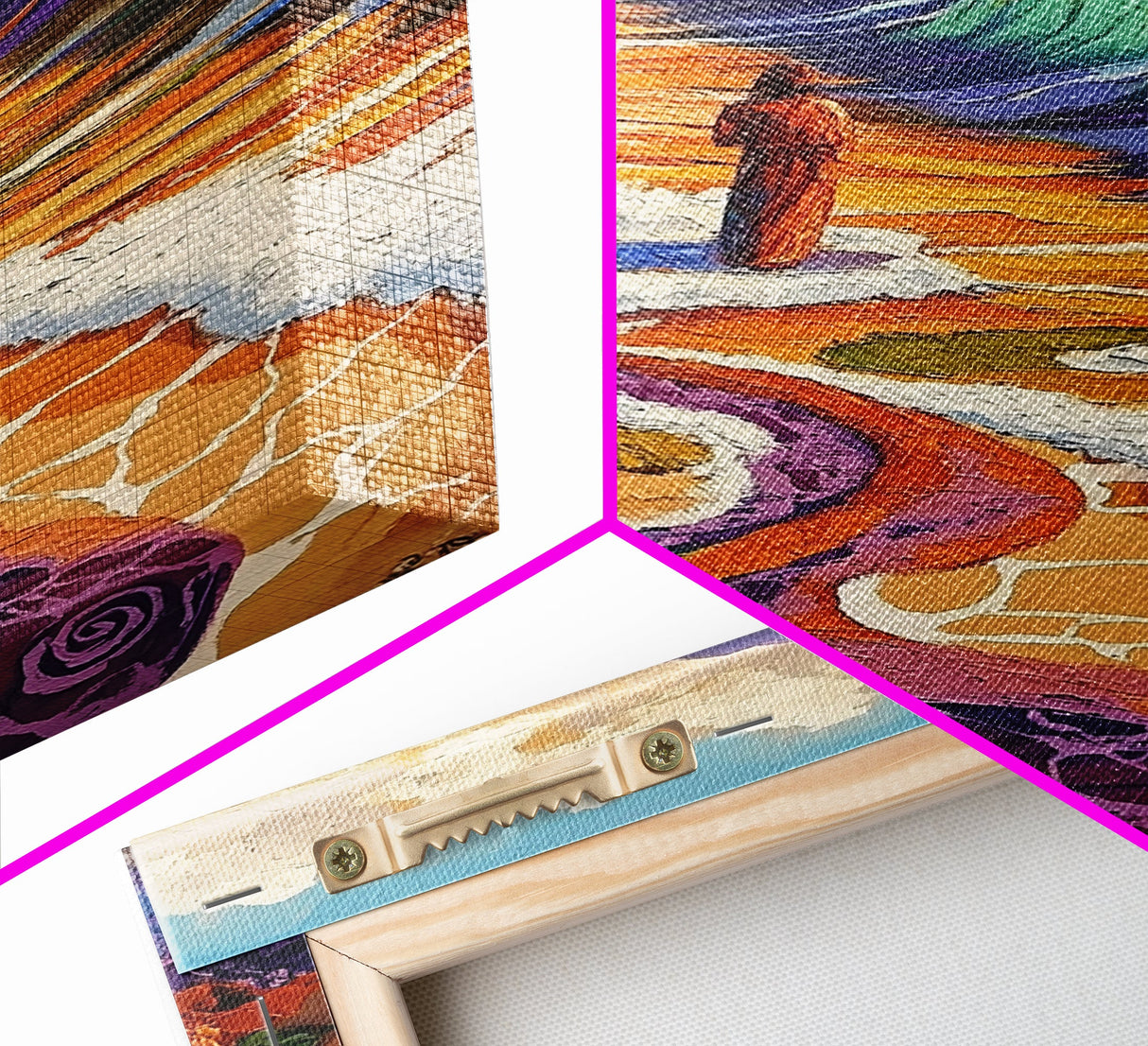 Rainbow Wave, Beach Woman, Mystical Shoreline, Color Explosion, Framed Canvas Print, Spiritual Wall Art, Vibrant Meditation Art