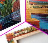 Desert Garden View, Vibrant Sunset Patio, Mexican Courtyard Scene, Framed Canvas Print, Colorful Patio Art, Kitchen Wall Art, Boho Decor