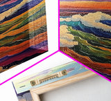 Colorful Ocean Waves, Sunset Surf Art, Rainbow Water Scene, Framed Canvas Print, Coastal Wall Decor, Vibrant Bathroom Art