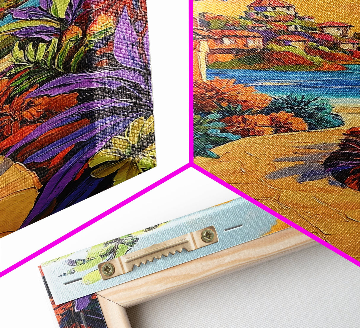 Coastal Village Path, Sunset Vibes, Tropical Getaway, Bright Colors, Framed Canvas Print, Coastal Wall Art, Living Room Decor, Boho Art