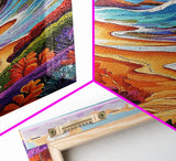 Colorful Beach, Tropical Waves, Vibrant Landscape, Coastal Flowers, Framed Canvas Print, boho art, sunroom wall decor, beach house painting