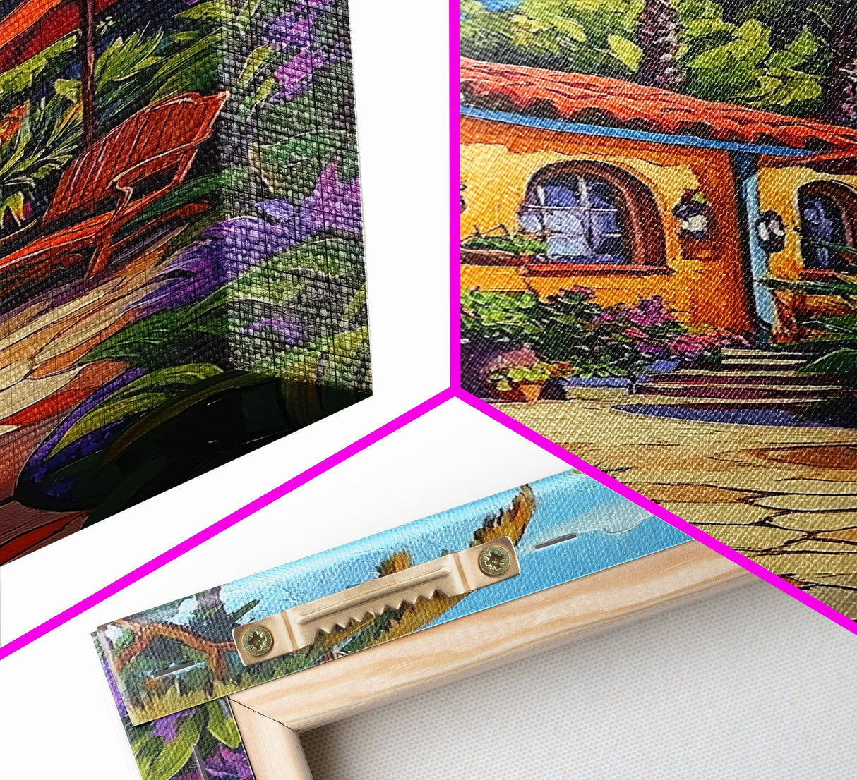 Tropical Courtyard, Retreat, Pathway, Framed Canvas Print, vibrant tropical patio scene, colorful garden art, Spanish boho home decor