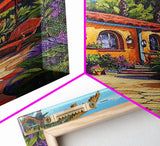 Tropical Courtyard, Retreat, Pathway, Framed Canvas Print, vibrant tropical patio scene, colorful garden art, Spanish boho home decor