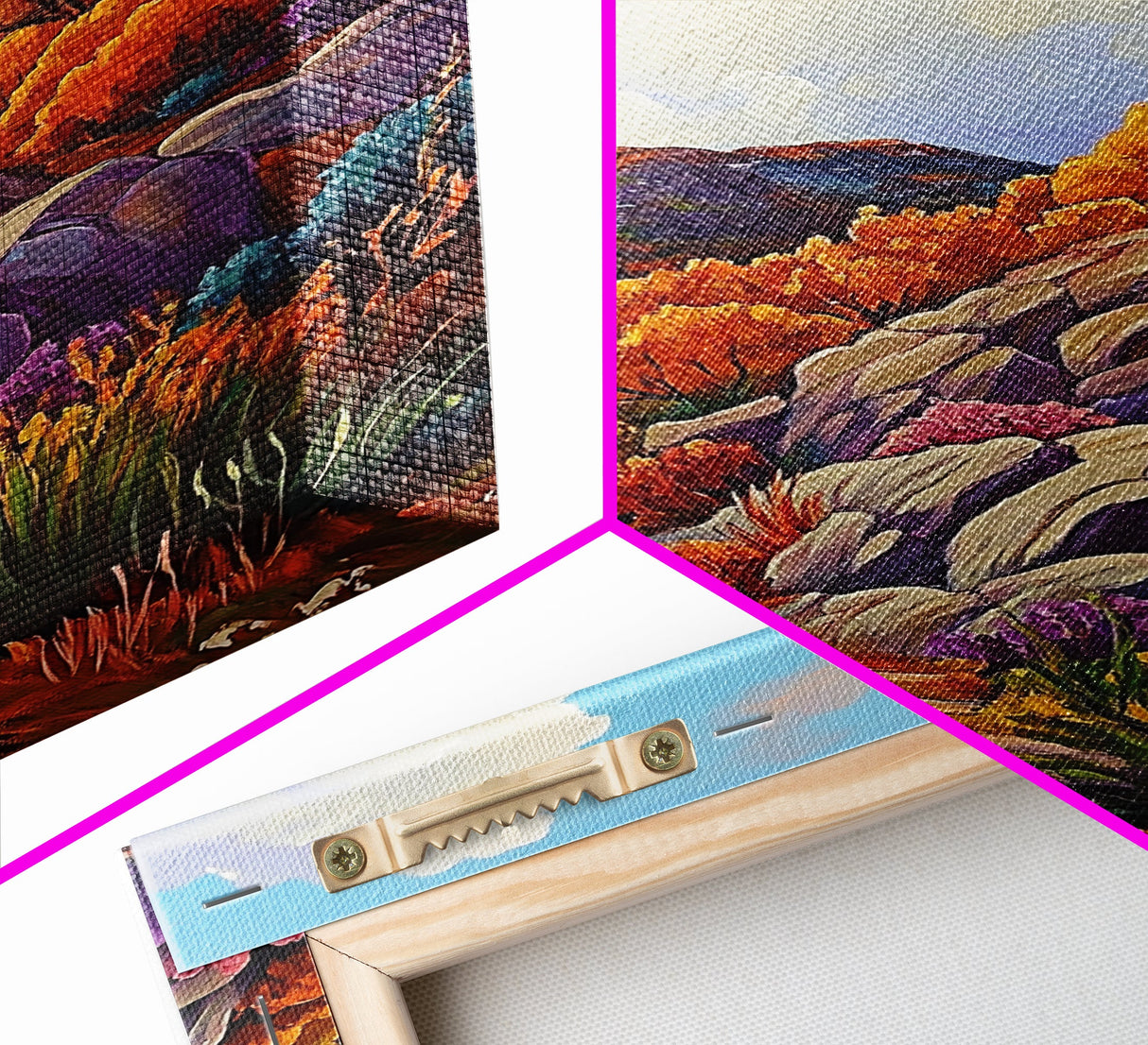 Autumn Cliffside, Trail, Ocean, Framed Canvas Print, fall coastal landscape, boho mountain decor, bold colors, seasonal Living Room art