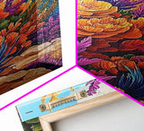 Coastal, Botanical, Garden, Flowers, Framed Canvas Print, Bright coastal flowers with ocean view, ideal summer vibe bathroom or patio wall art