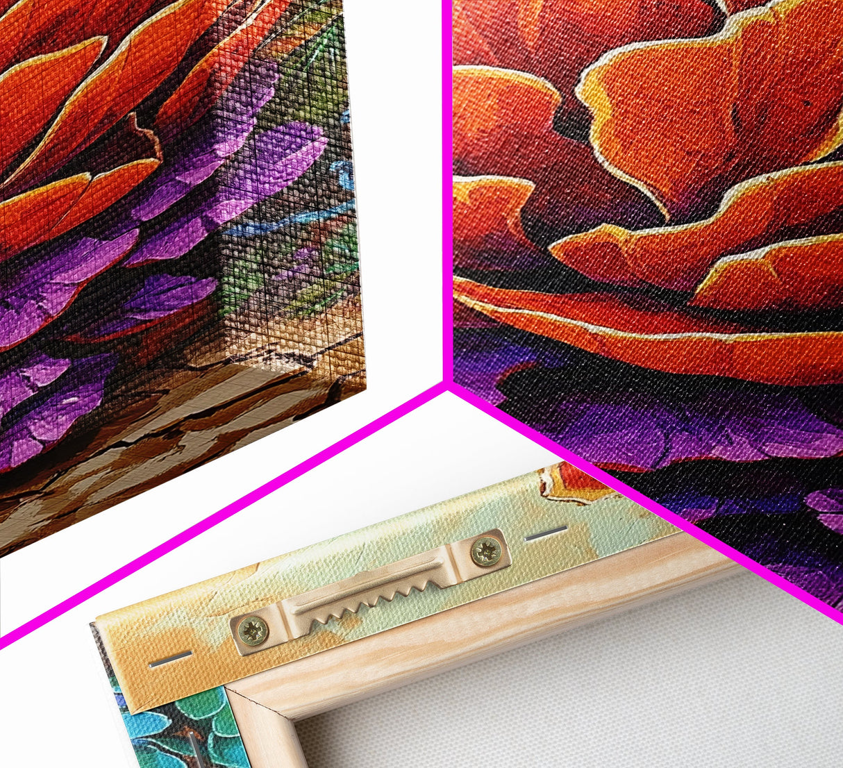 Succulent, Cactus, Orange, Purple, Framed Canvas Print, Bold desert succulent bloom art in orange and purple, living room statement piece