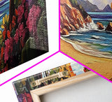 Secluded Beach Painting, Colorful Coastal Trees, Tropical Shoreline View, Framed Canvas Print, Relaxing Bathroom Art, Boho Bedroom