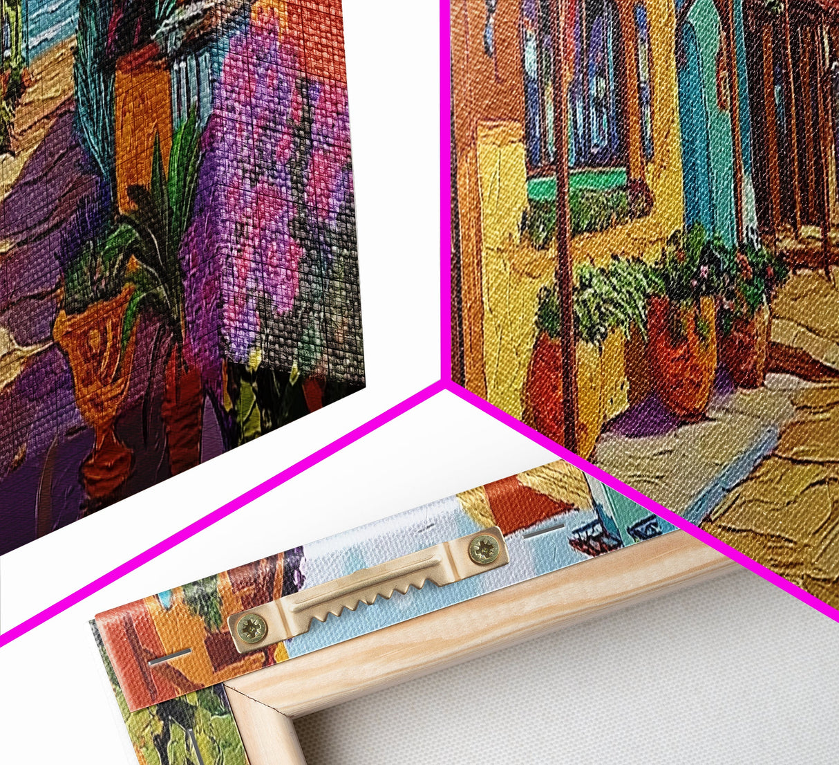 Coastal Village Street, Colorful Adobe Homes, Mediterranean Scene, Framed Canvas Print, Kitchen Wall Art, Rustic Living Room Decor