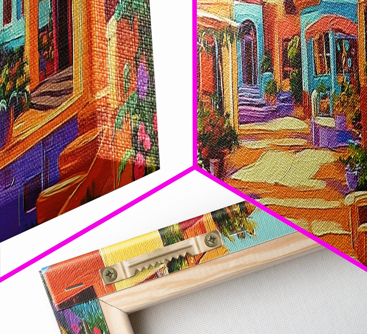 Colorful Village Lane, Bright Street Scene, Adobe Style Architecture, Framed Canvas Print, Boho Entryway Wall Art, Kitchen Decor