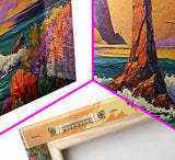 Ocean Rock Island, Sunset Coastline, Floral Foreground, Canvas Print, Living Room Wall Art, Mystical Nature Landscape