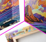 Sunset Beach View, Coastal Mountain Landscape, Peaceful Ocean Wall Art, Framed Canvas Print, Boho Bedroom or Living Room Decor