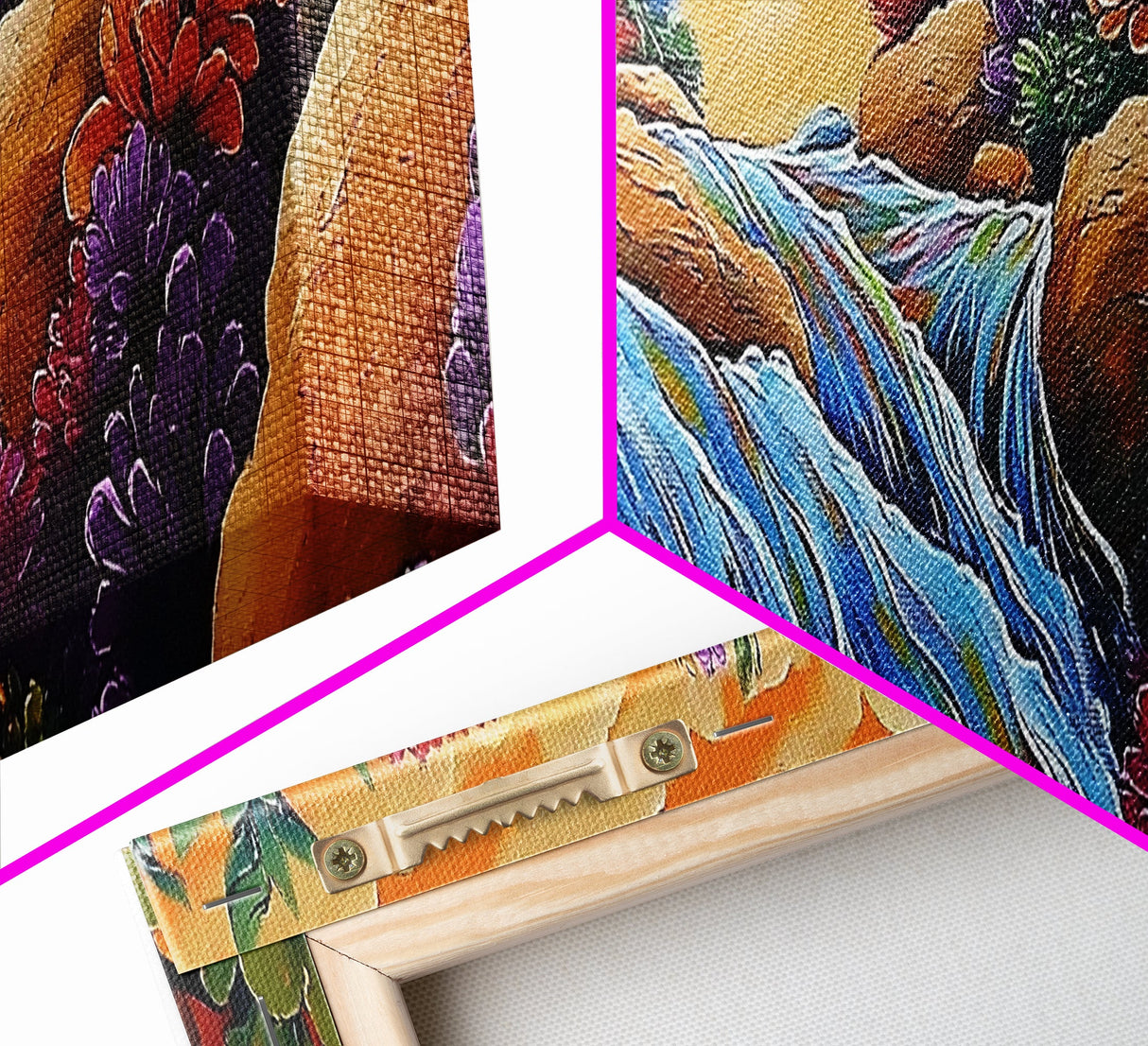 Waterfall Garden Scene, Colorful Floral Cascade, Fantasy Nature Artwork, Framed Canvas Print, Vibrant Bathroom or Entryway Art