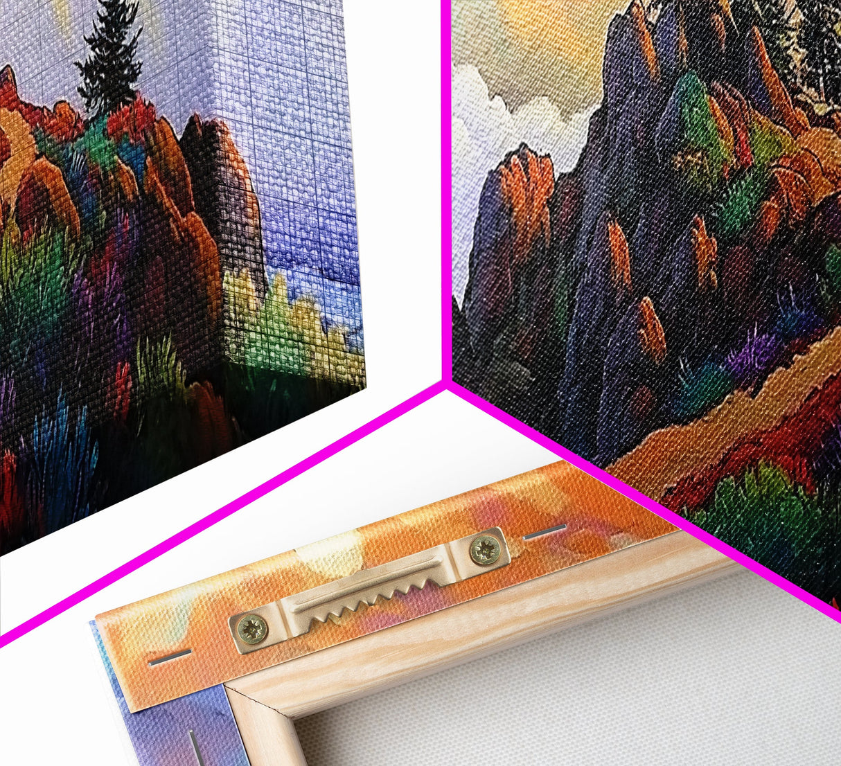 Mountain Peak Trail, Vibrant Sunset Hike Scene, Nature Adventure Wall Art, Framed Canvas Print, Boho Office or Den Decoration