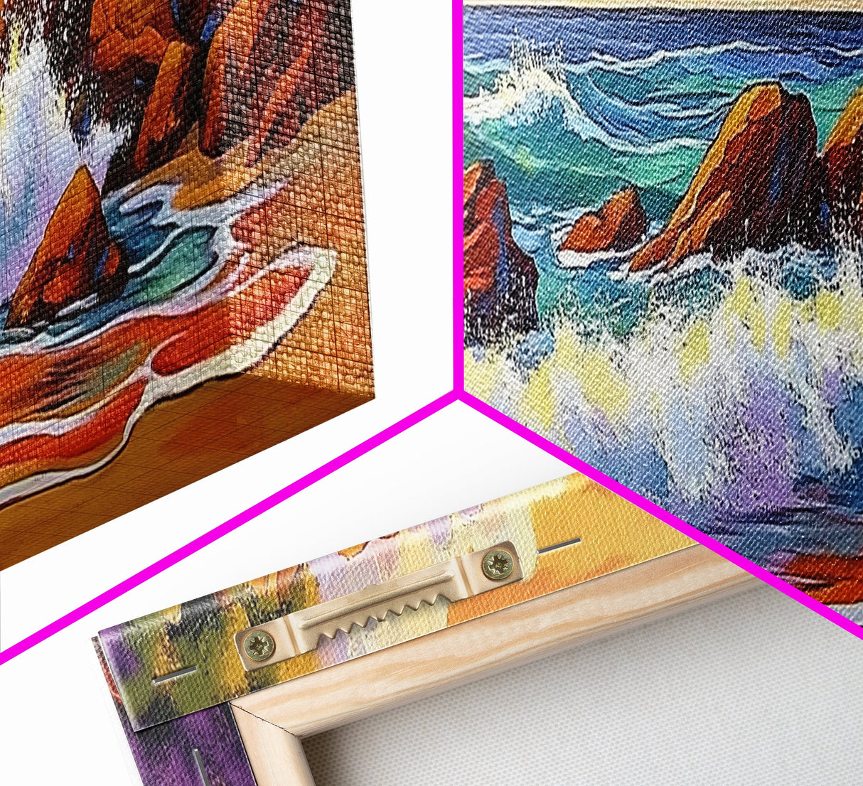 Ocean Wave Crash, Coastal Rock Shore, Vibrant Seascape Painting, Framed Canvas Print, Beach Bathroom or Nautical Living Room Art