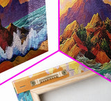 Sunset Island Scene, Bold Ocean Mountainscape, Tropical Beach Decor, Framed Canvas Print, Boho Bedroom or Vacation Home Wall Art
