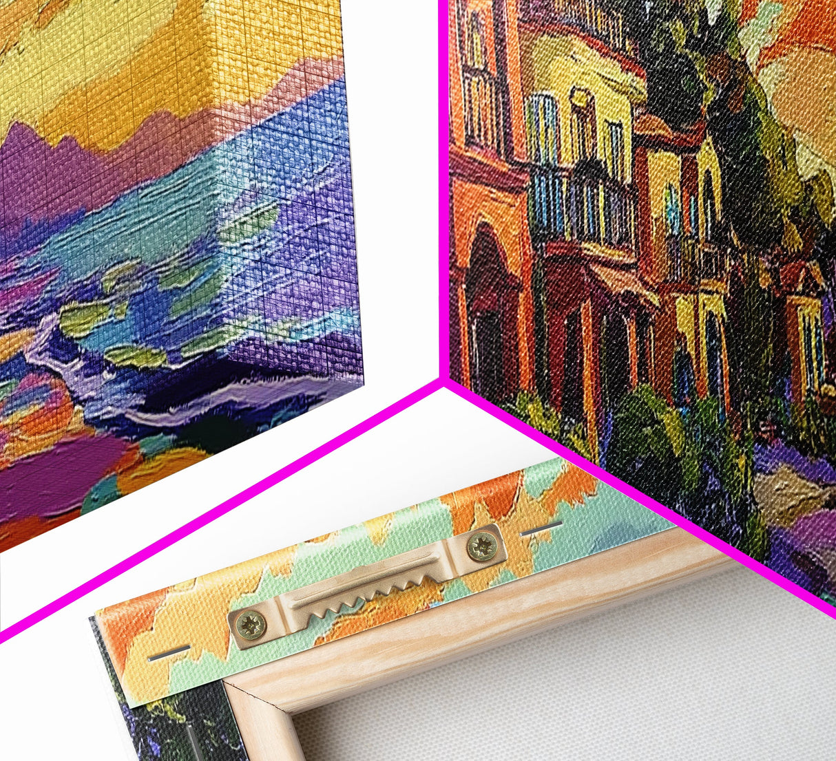 Coastal Village Sunset, Beach House Art, Vibrant Colorful Home Decor, Tropical Wall Style, Framed Canvas Print, Vacation Vibes