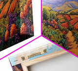 Autumn Vineyard Path, Rustic Countryside, Orange and Purple Art, Framed Canvas Print, Kitchen Wall Decor, Fall Landscape Painting